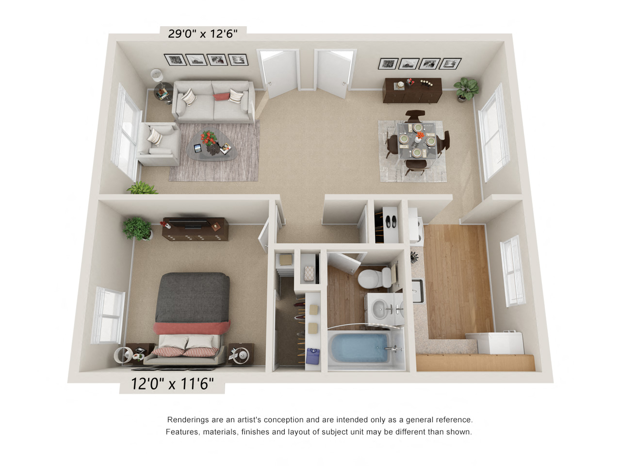 Floor plan for 1 bed, 1 bath, 708 sqft